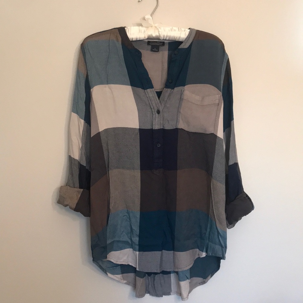 Blue, grey and brown checkered Lucky Brand blouse